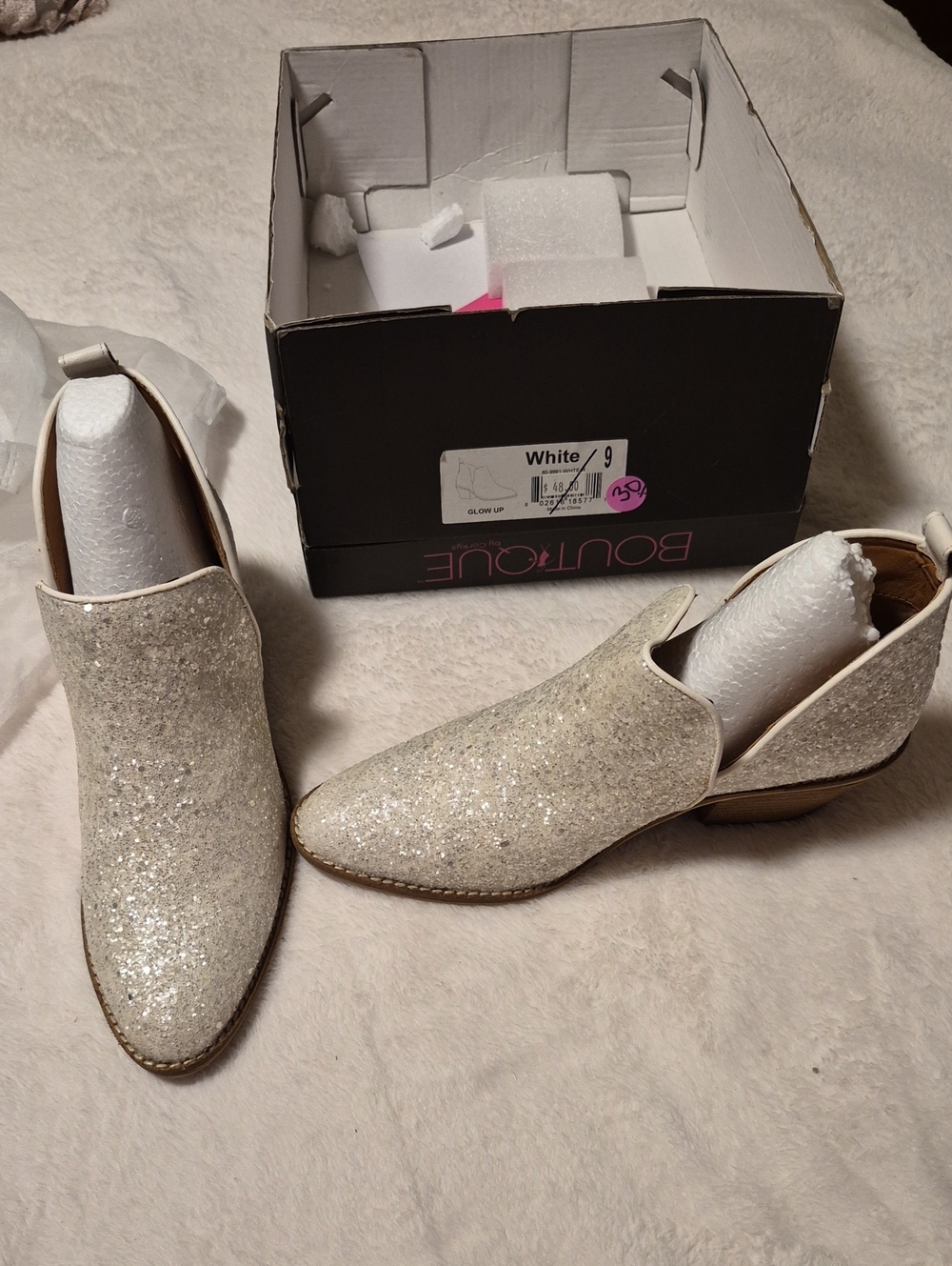 WHIT White Glitter Slip-On Ankle Booties with Low Heel